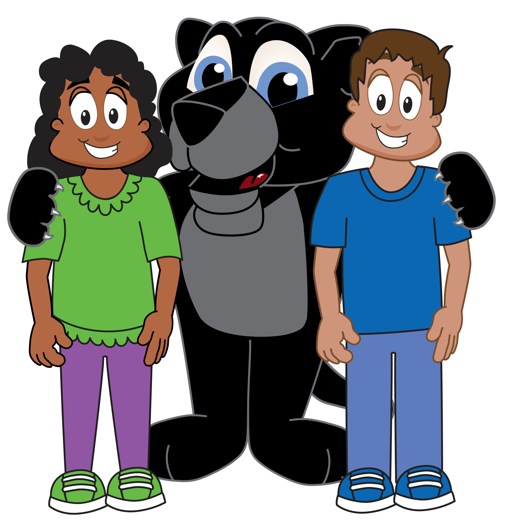 Cartoon Park Street Panther mascot with its arms around two smiling cartoon students
